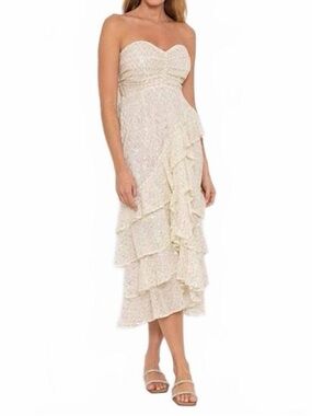 Strapless Sweetheart Ruffle Midi Dress in Ivory